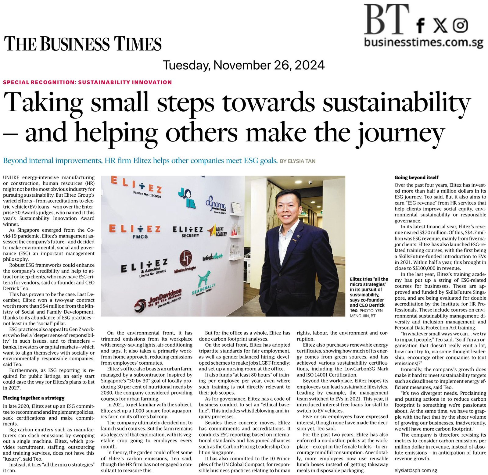 Elitez Group featured in The Business Times for Sustainability Innovation Award 2024