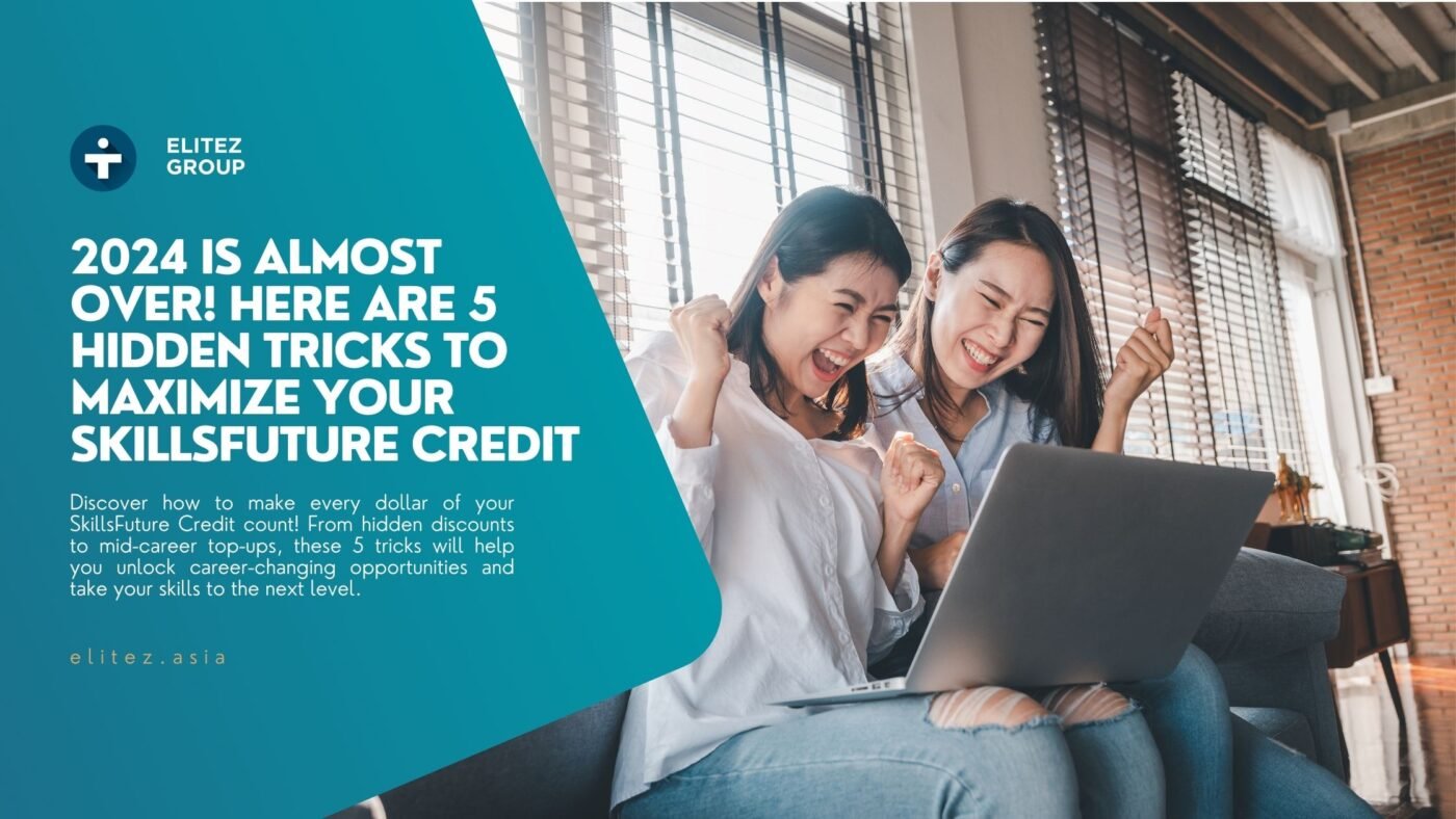 Two women using laptops, smiling while exploring SkillsFuture Credit courses to unlock career potential before 2024 ends.